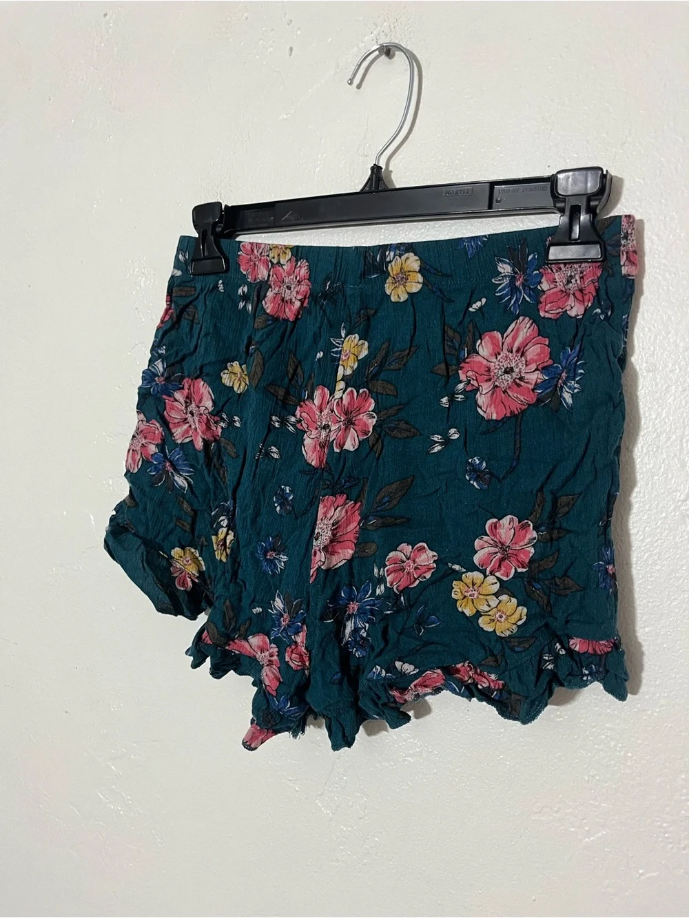 Flouncy Floral Fringe Drawstring Ruffle Hem Shorts Teal Floral Small Stretch GUC
